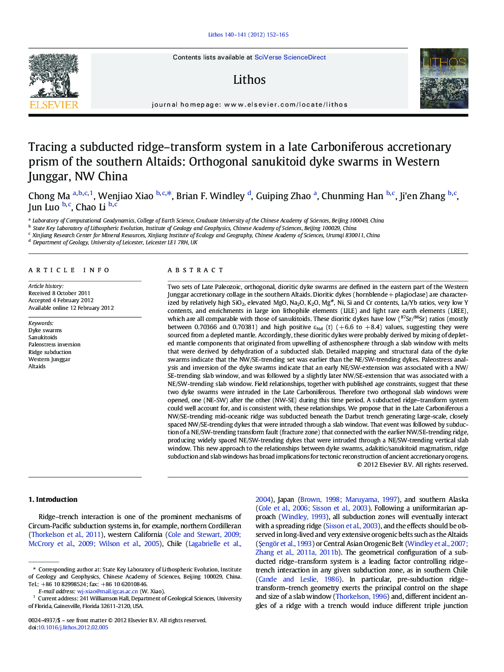 Tracing a subducted ridge–transform system in a late Carboniferous accretionary prism of the southern Altaids: Orthogonal sanukitoid dyke swarms in Western Junggar, NW China