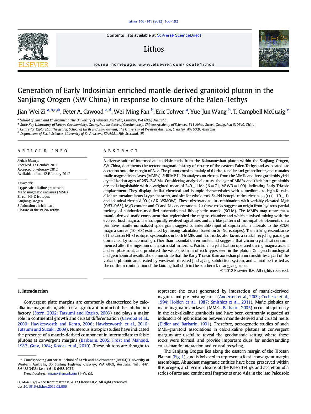 Generation of Early Indosinian enriched mantle-derived granitoid pluton in the Sanjiang Orogen (SW China) in response to closure of the Paleo-Tethys