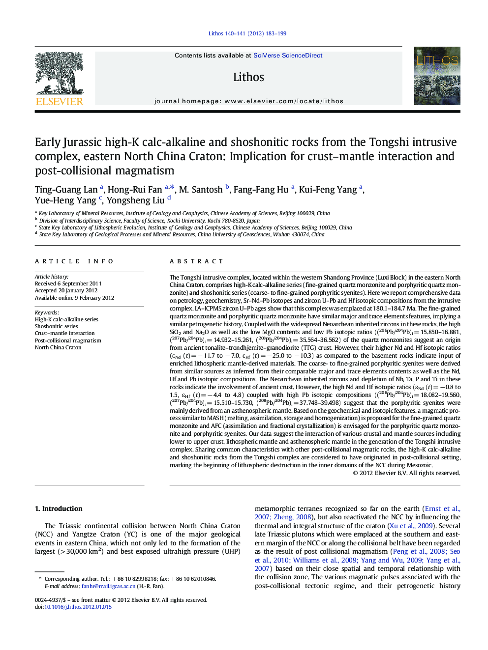 Early Jurassic high-K calc-alkaline and shoshonitic rocks from the Tongshi intrusive complex, eastern North China Craton: Implication for crust–mantle interaction and post-collisional magmatism