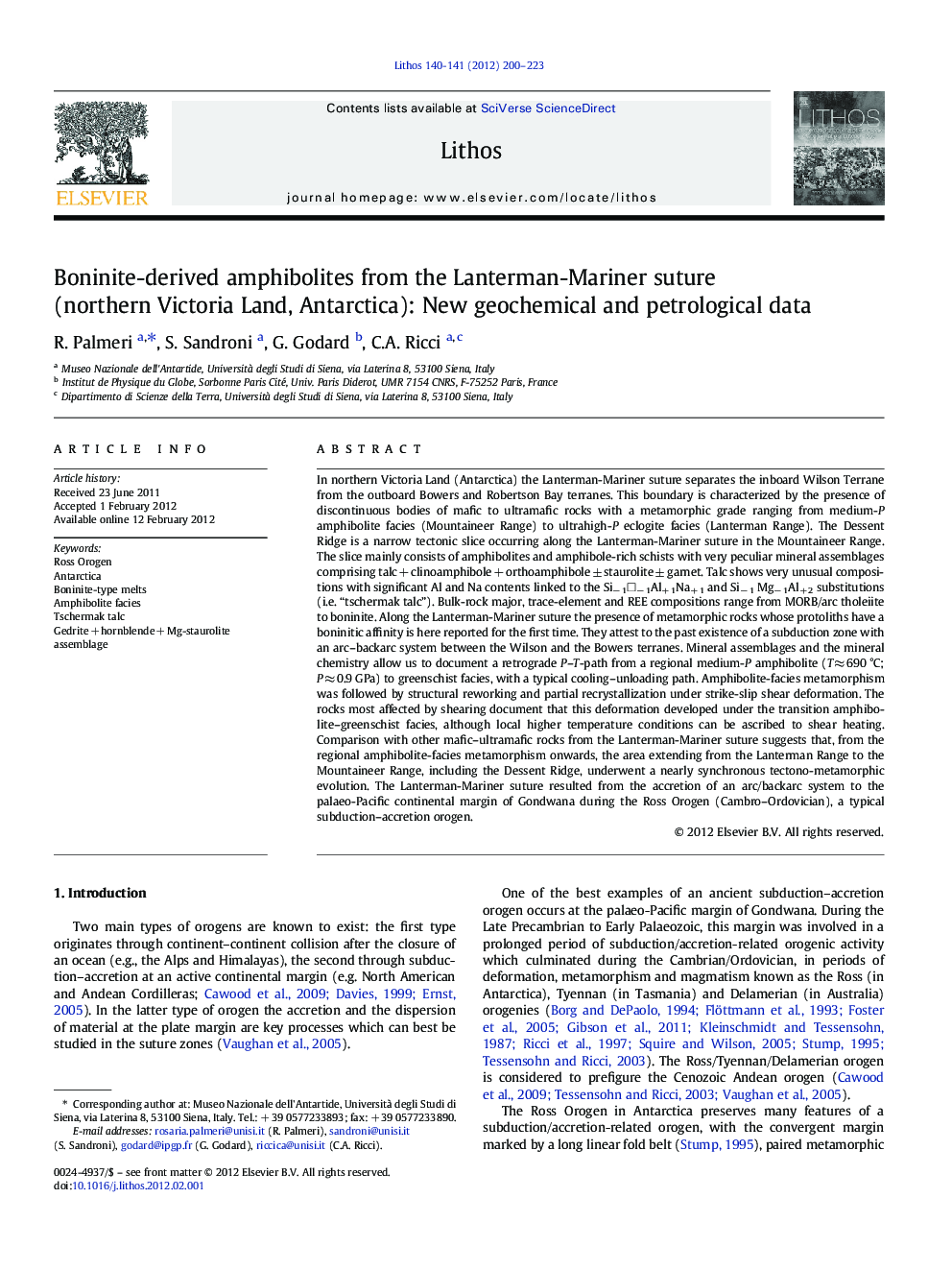 Boninite-derived amphibolites from the Lanterman-Mariner suture (northern Victoria Land, Antarctica): New geochemical and petrological data