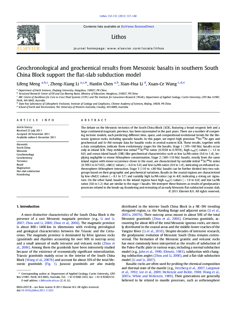 Geochronological and geochemical results from Mesozoic basalts in southern South China Block support the flat-slab subduction model