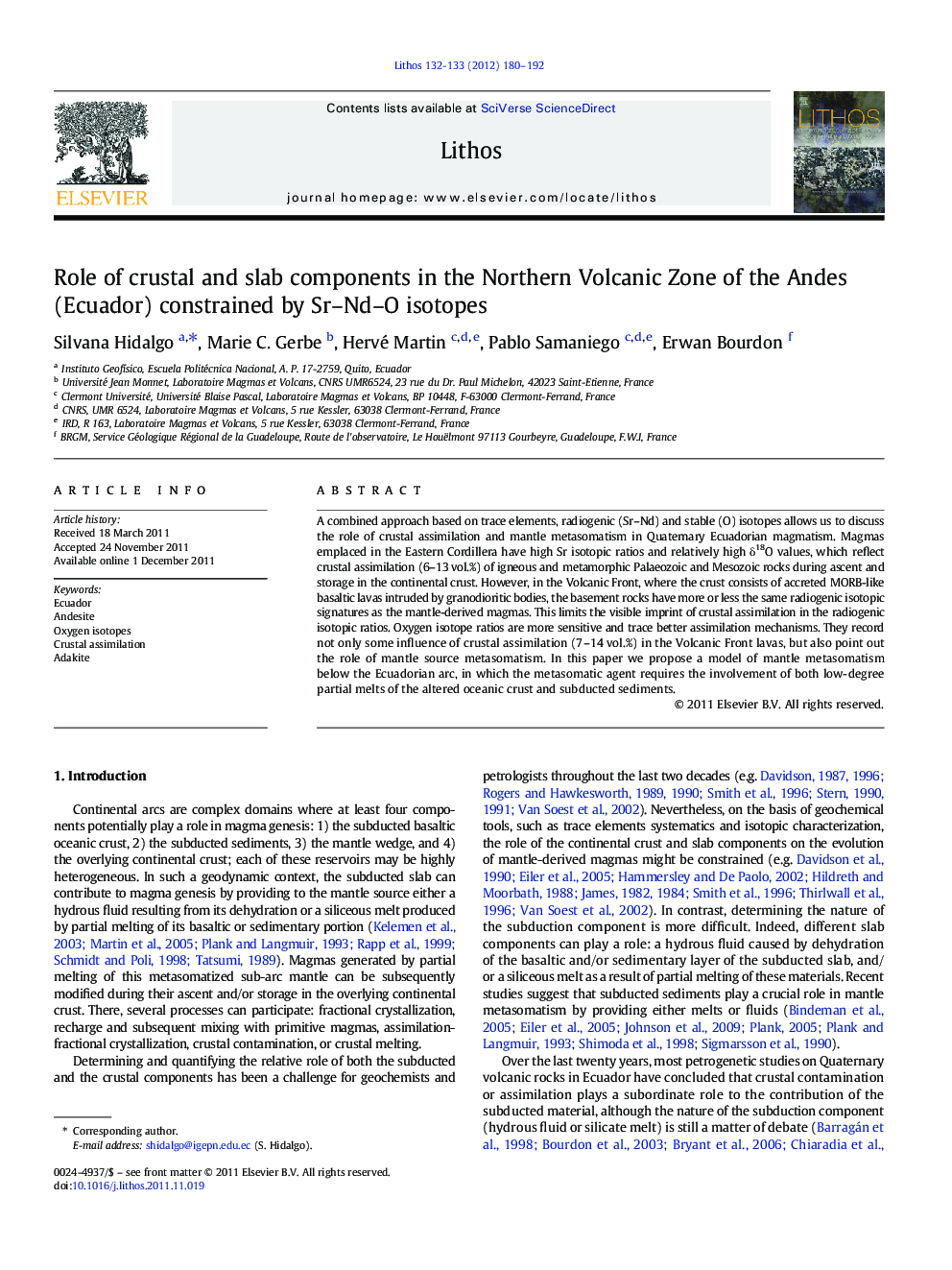 Role of crustal and slab components in the Northern Volcanic Zone of the Andes (Ecuador) constrained by Sr–Nd–O isotopes