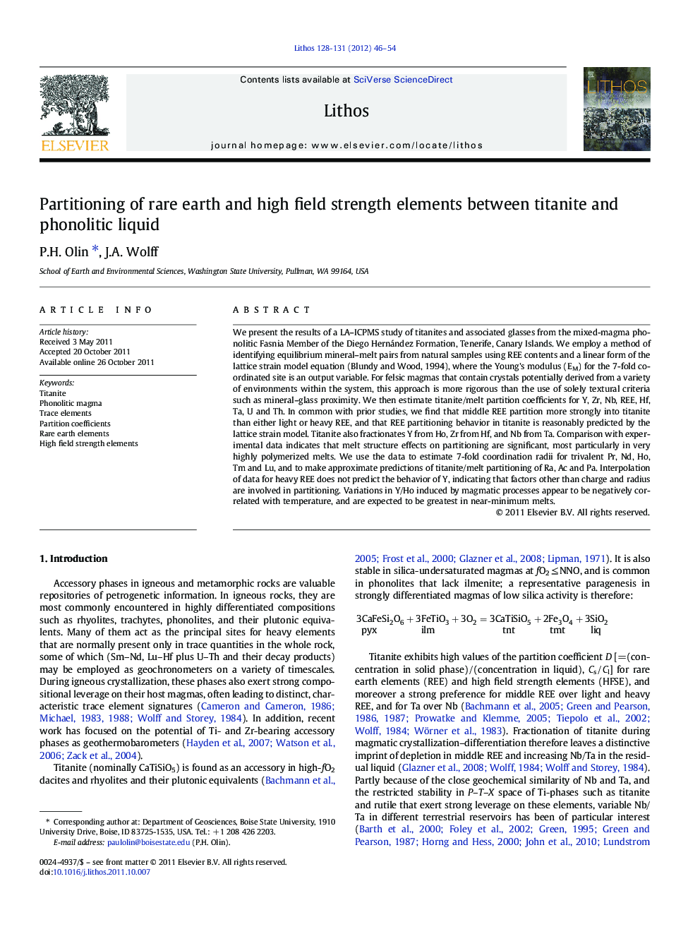 Partitioning of rare earth and high field strength elements between titanite and phonolitic liquid