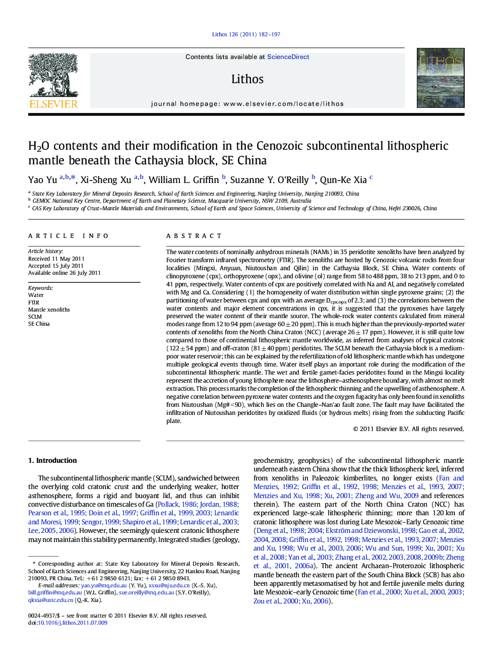 H2O contents and their modification in the Cenozoic subcontinental lithospheric mantle beneath the Cathaysia block, SE China