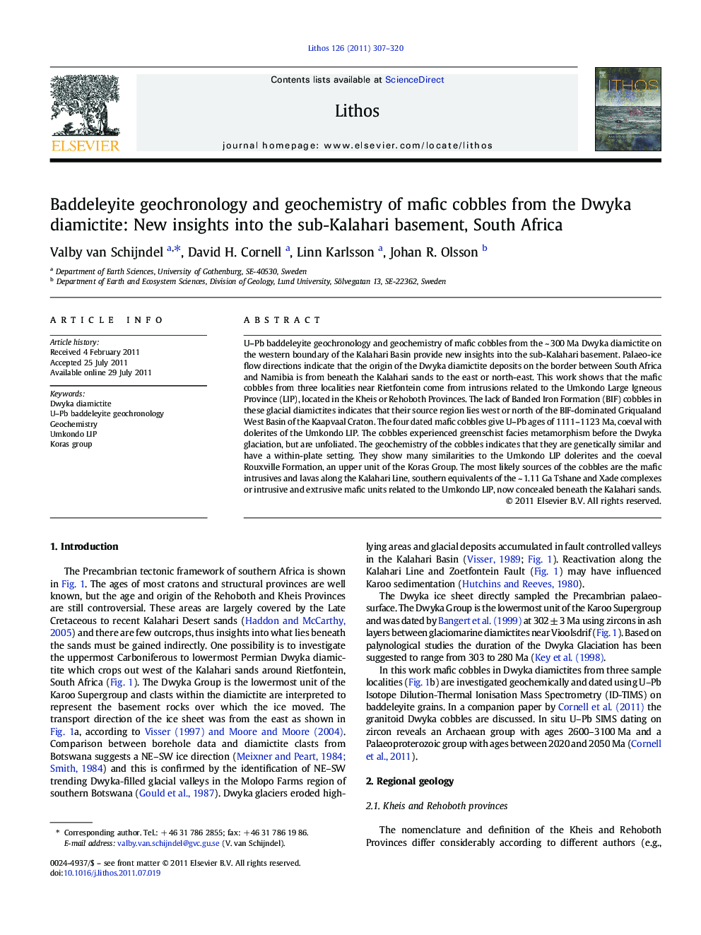 عکس صفحه اول مقاله: Baddeleyite geochronology and geochemistry of mafic cobbles from the Dwyka diamictite: New insights into the sub-Kalahari basement, South Africa Baddeleyite geochronology and geochemistry of mafic cobbles from the Dwyka diamictite: New insights into the sub-Kalahari basement, South Africa