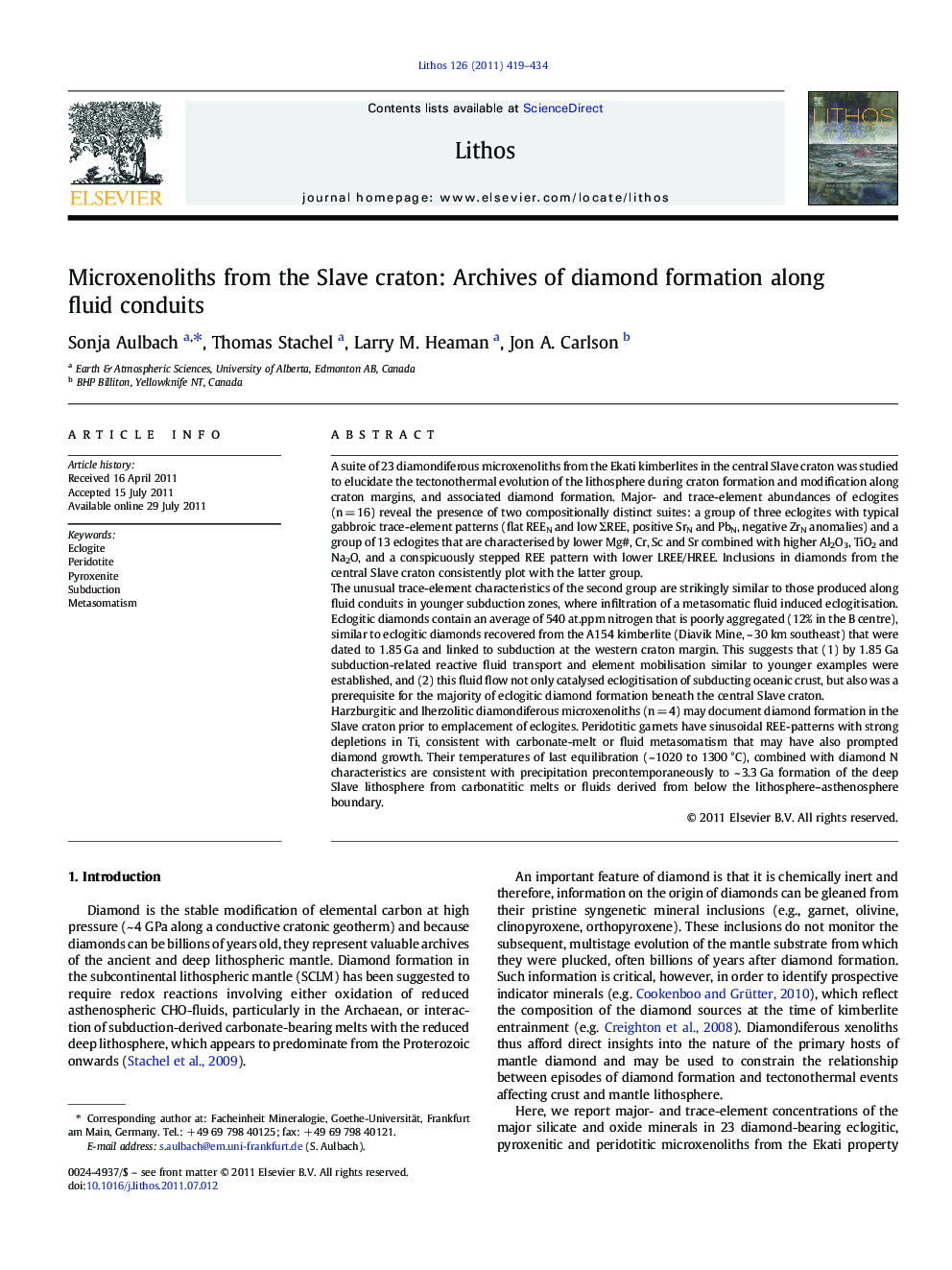 Microxenoliths from the Slave craton: Archives of diamond formation along fluid conduits