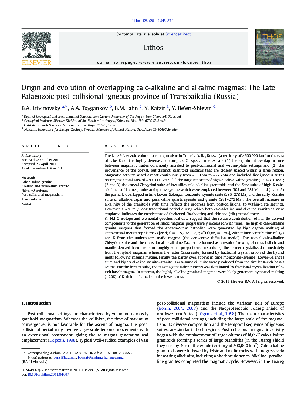 Origin and evolution of overlapping calc-alkaline and alkaline magmas: The Late Palaeozoic post-collisional igneous province of Transbaikalia (Russia)