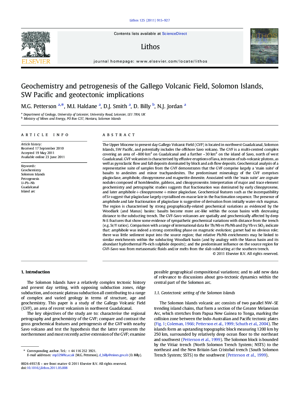عکس صفحه اول مقاله: Geochemistry and petrogenesis of the Gallego Volcanic Field, Solomon Islands, SW Pacific and geotectonic implications Geochemistry and petrogenesis of the Gallego Volcanic Field, Solomon Islands, SW Pacific and geotectonic implications