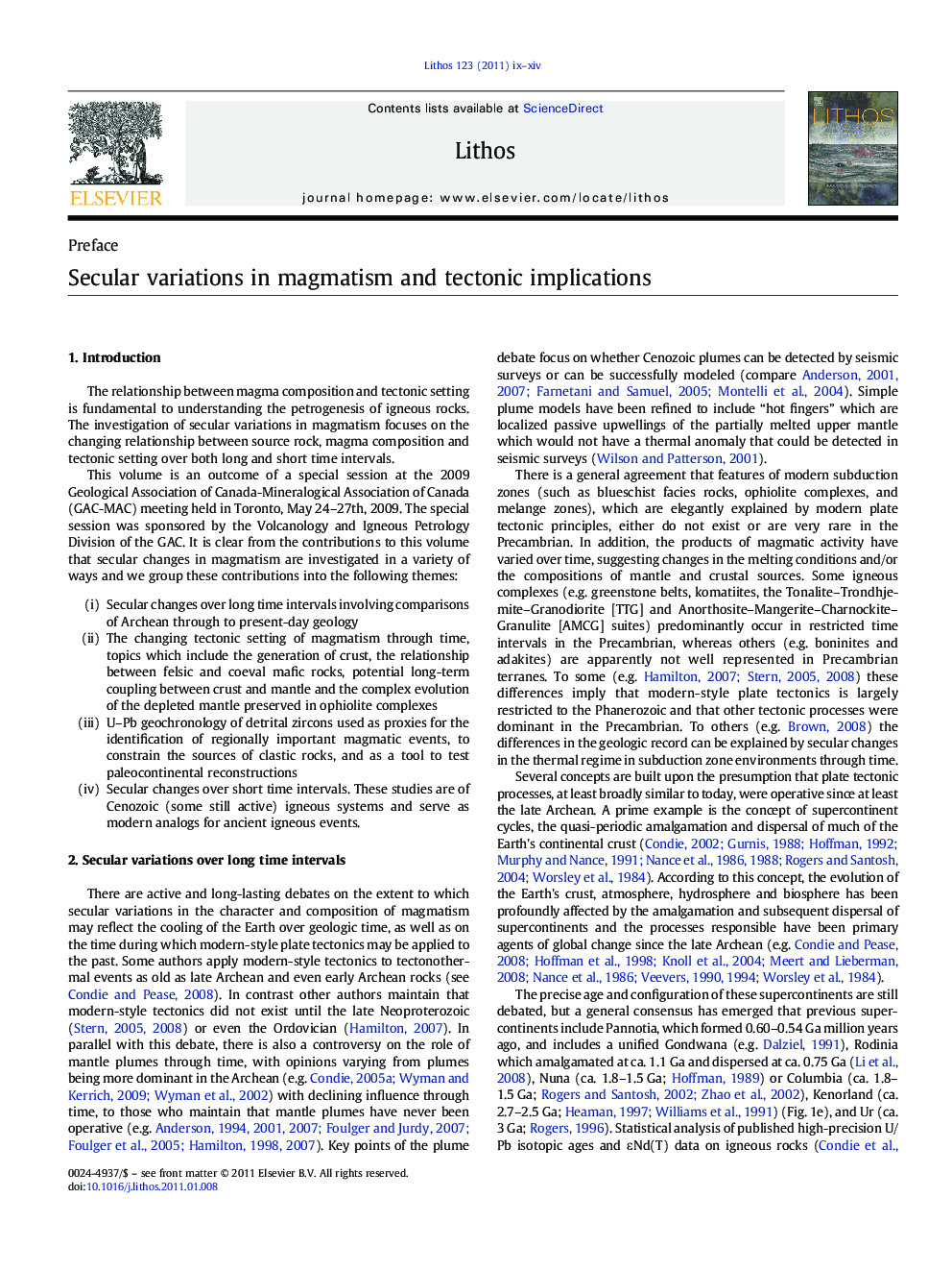 عکس صفحه اول مقاله: Secular variations in magmatism and tectonic implications Secular variations in magmatism and tectonic implications