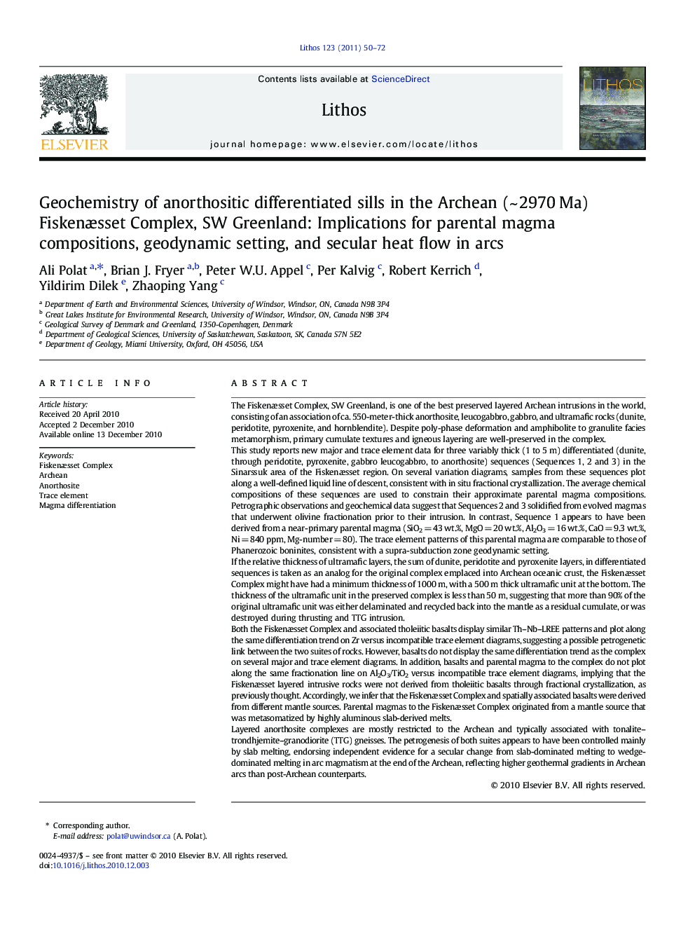 Geochemistry of anorthositic differentiated sills in the Archean (~ 2970 Ma) Fiskenæsset Complex, SW Greenland: Implications for parental magma compositions, geodynamic setting, and secular heat flow in arcs