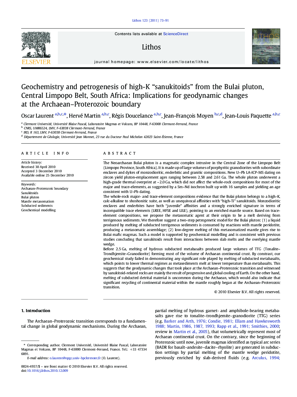 Geochemistry and petrogenesis of high-K “sanukitoids” from the Bulai pluton, Central Limpopo Belt, South Africa: Implications for geodynamic changes at the Archaean–Proterozoic boundary