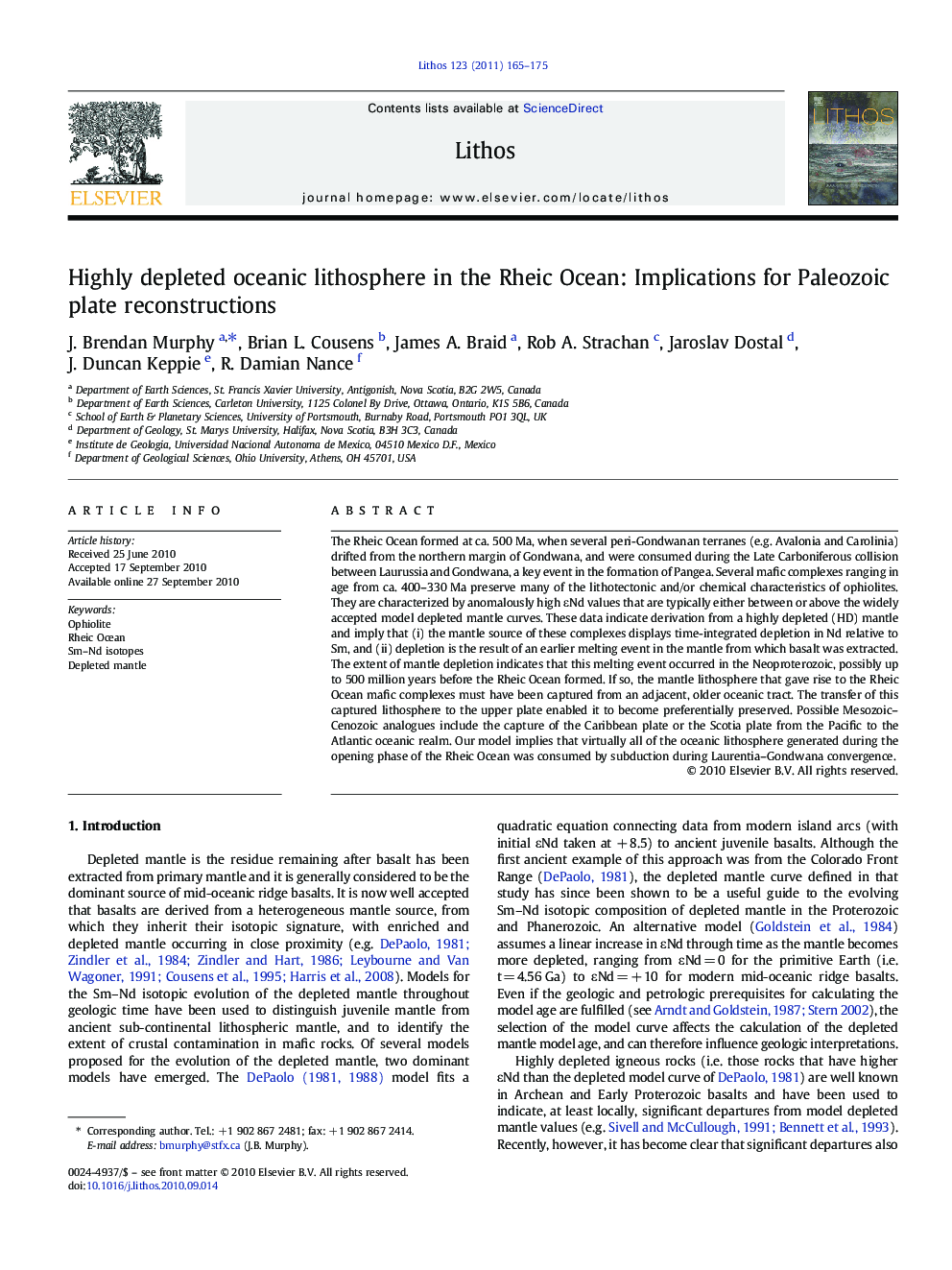 Highly depleted oceanic lithosphere in the Rheic Ocean: Implications for Paleozoic plate reconstructions