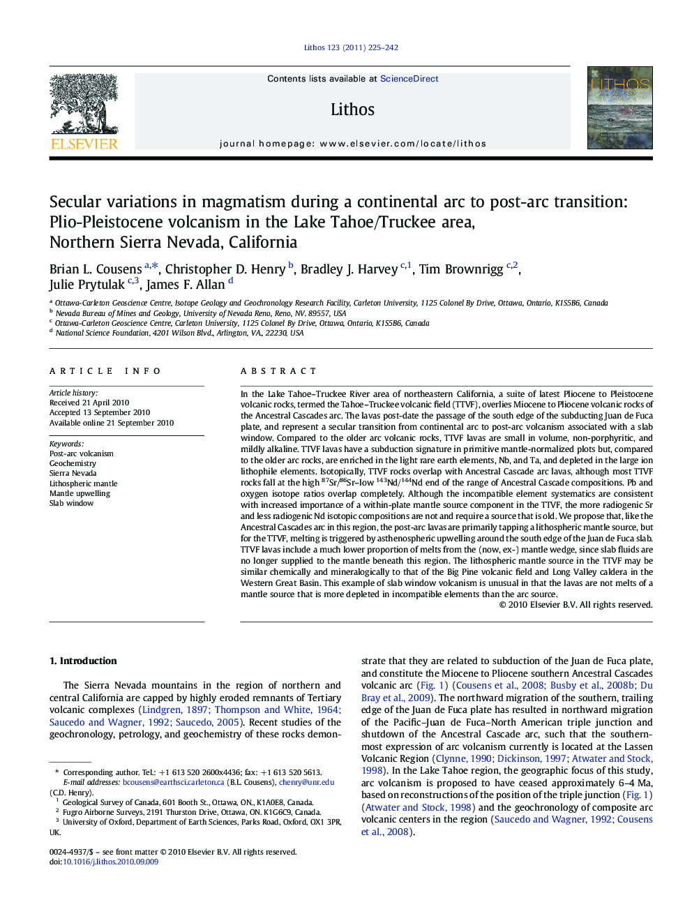 Secular variations in magmatism during a continental arc to post-arc transition: Plio-Pleistocene volcanism in the Lake Tahoe/Truckee area, Northern Sierra Nevada, California