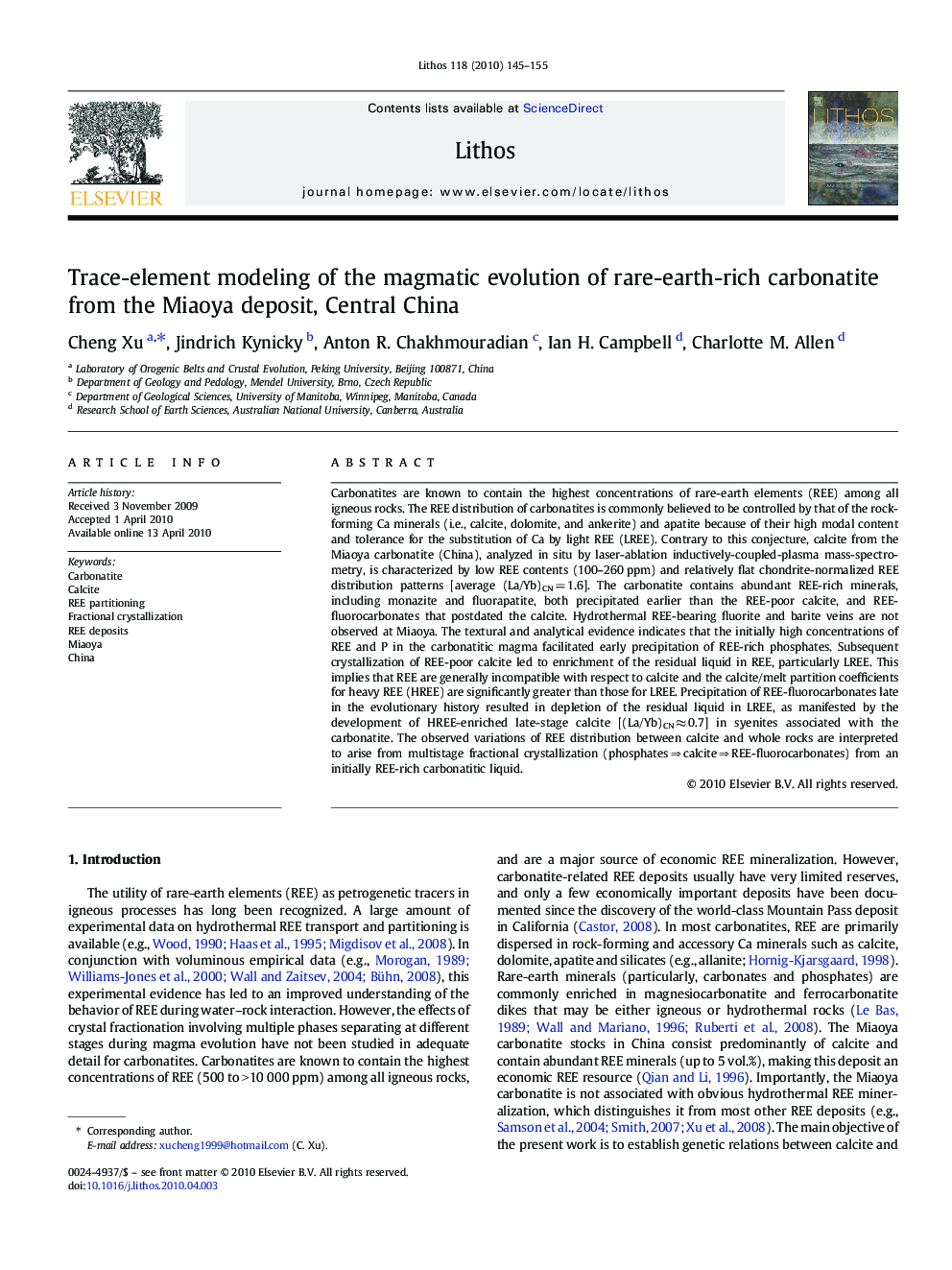 Trace-element modeling of the magmatic evolution of rare-earth-rich carbonatite from the Miaoya deposit, Central China