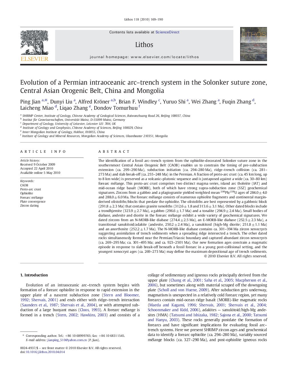 Evolution of a Permian intraoceanic arc–trench system in the Solonker suture zone, Central Asian Orogenic Belt, China and Mongolia