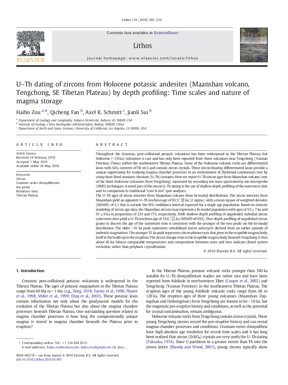 U–Th dating of zircons from Holocene potassic andesites (Maanshan volcano, Tengchong, SE Tibetan Plateau) by depth profiling: Time scales and nature of magma storage