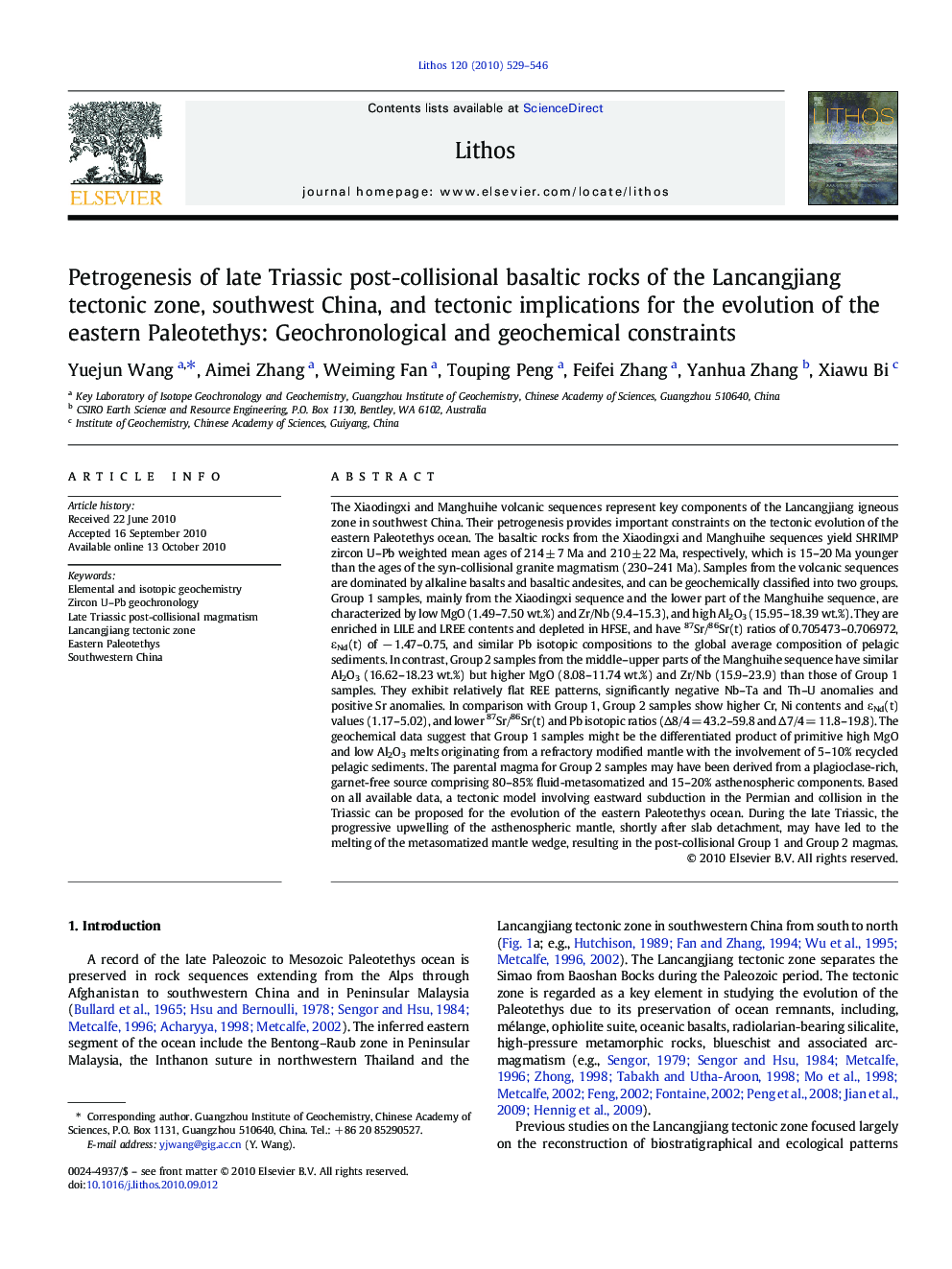 Petrogenesis of late Triassic post-collisional basaltic rocks of the Lancangjiang tectonic zone, southwest China, and tectonic implications for the evolution of the eastern Paleotethys: Geochronological and geochemical constraints