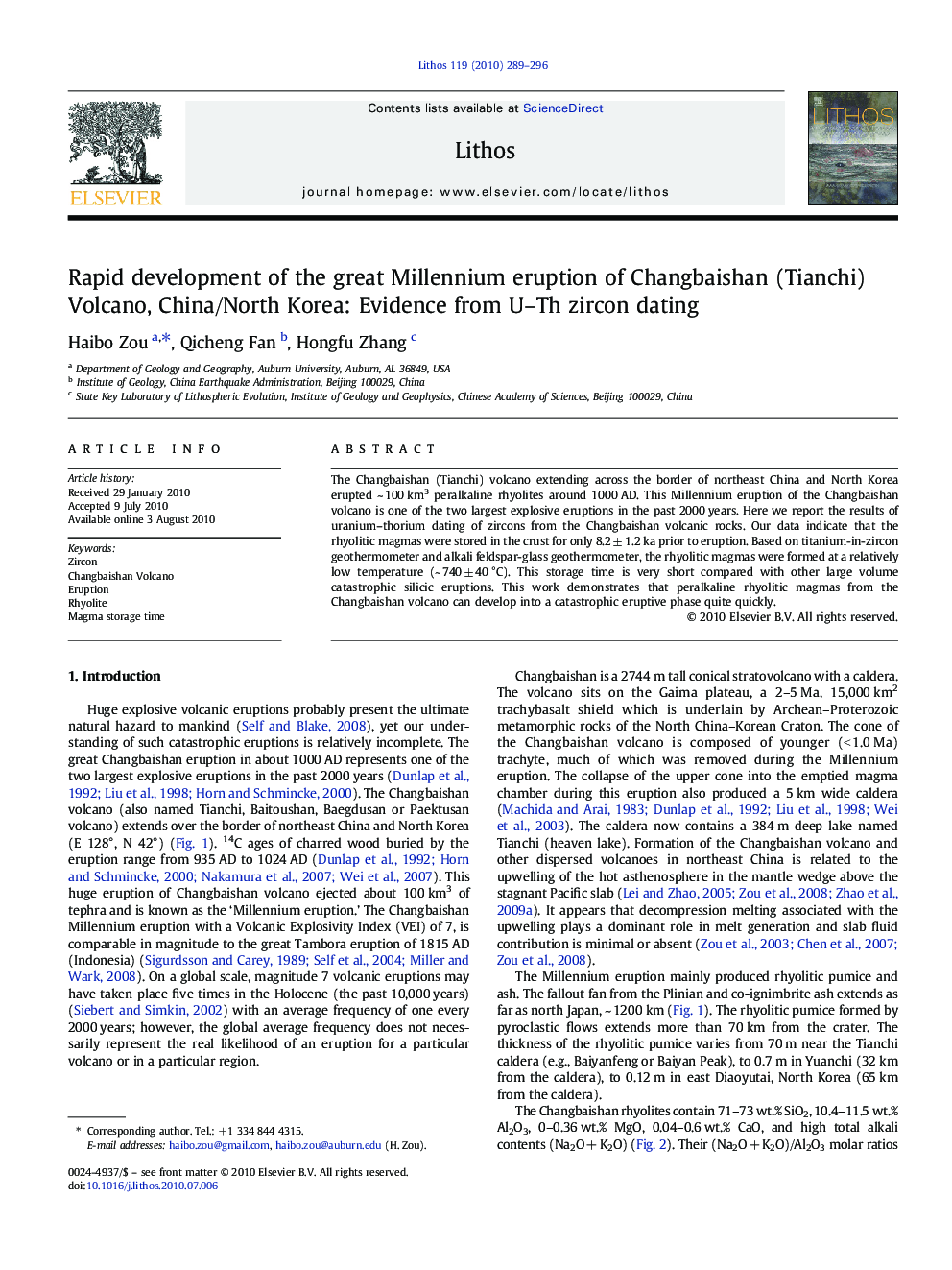 Rapid development of the great Millennium eruption of Changbaishan (Tianchi) Volcano, China/North Korea: Evidence from U–Th zircon dating