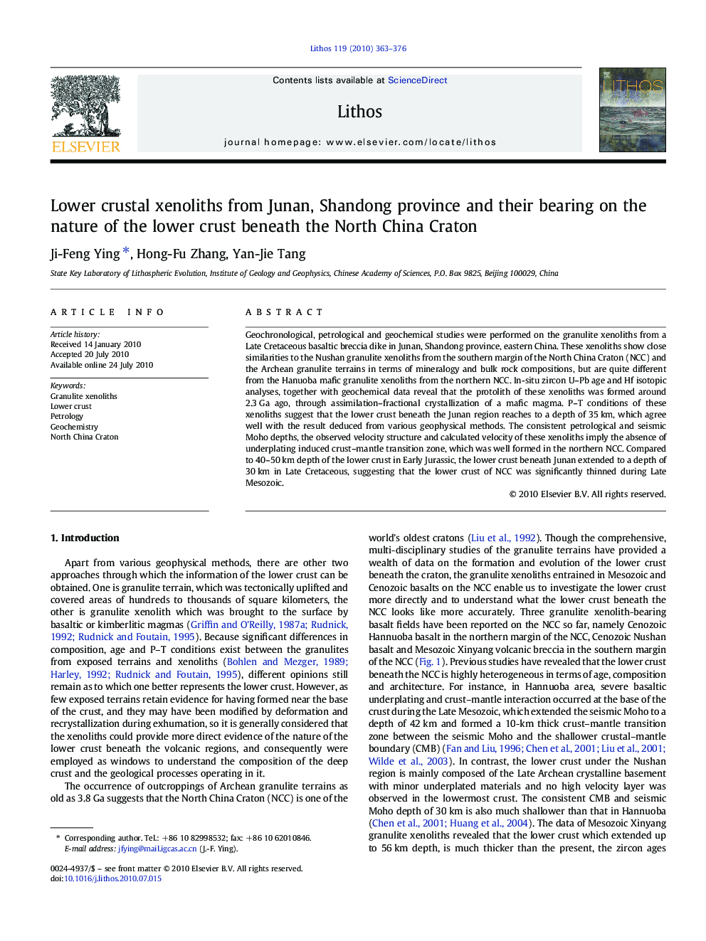 Lower crustal xenoliths from Junan, Shandong province and their bearing on the nature of the lower crust beneath the North China Craton