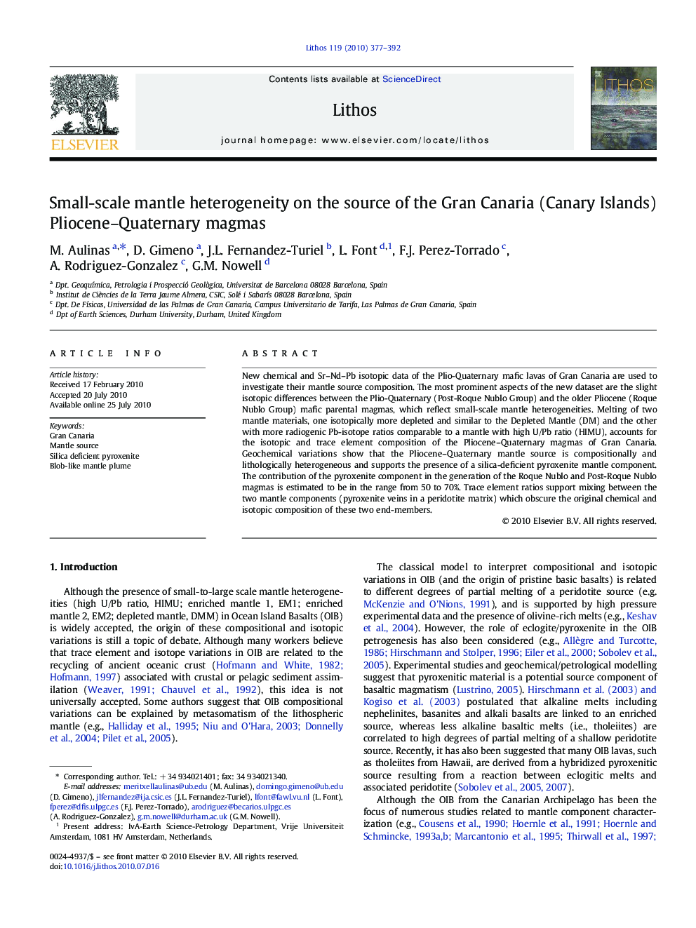 Small-scale mantle heterogeneity on the source of the Gran Canaria (Canary Islands) Pliocene–Quaternary magmas