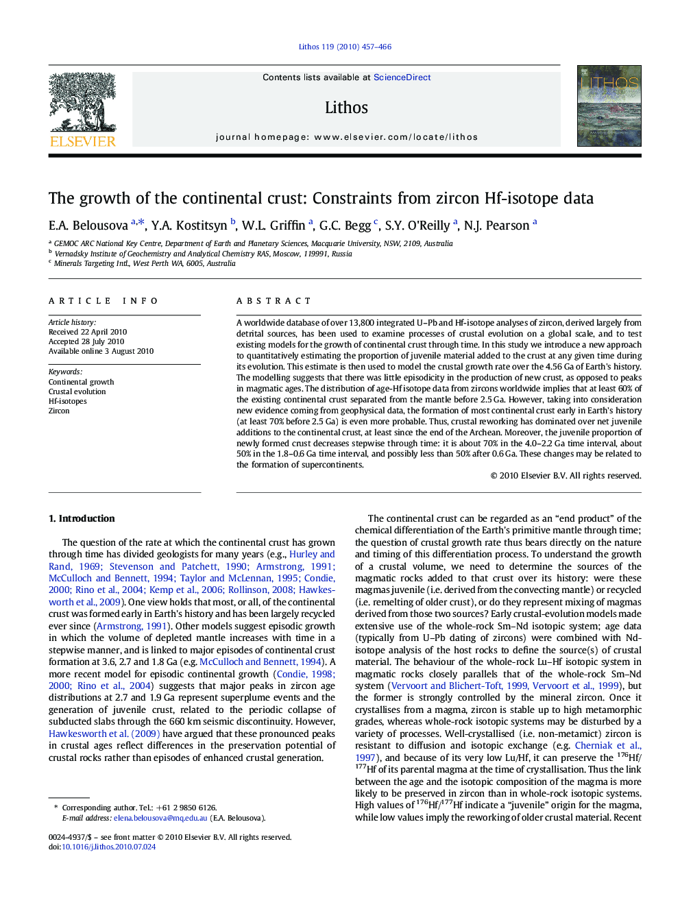 The growth of the continental crust: Constraints from zircon Hf-isotope data