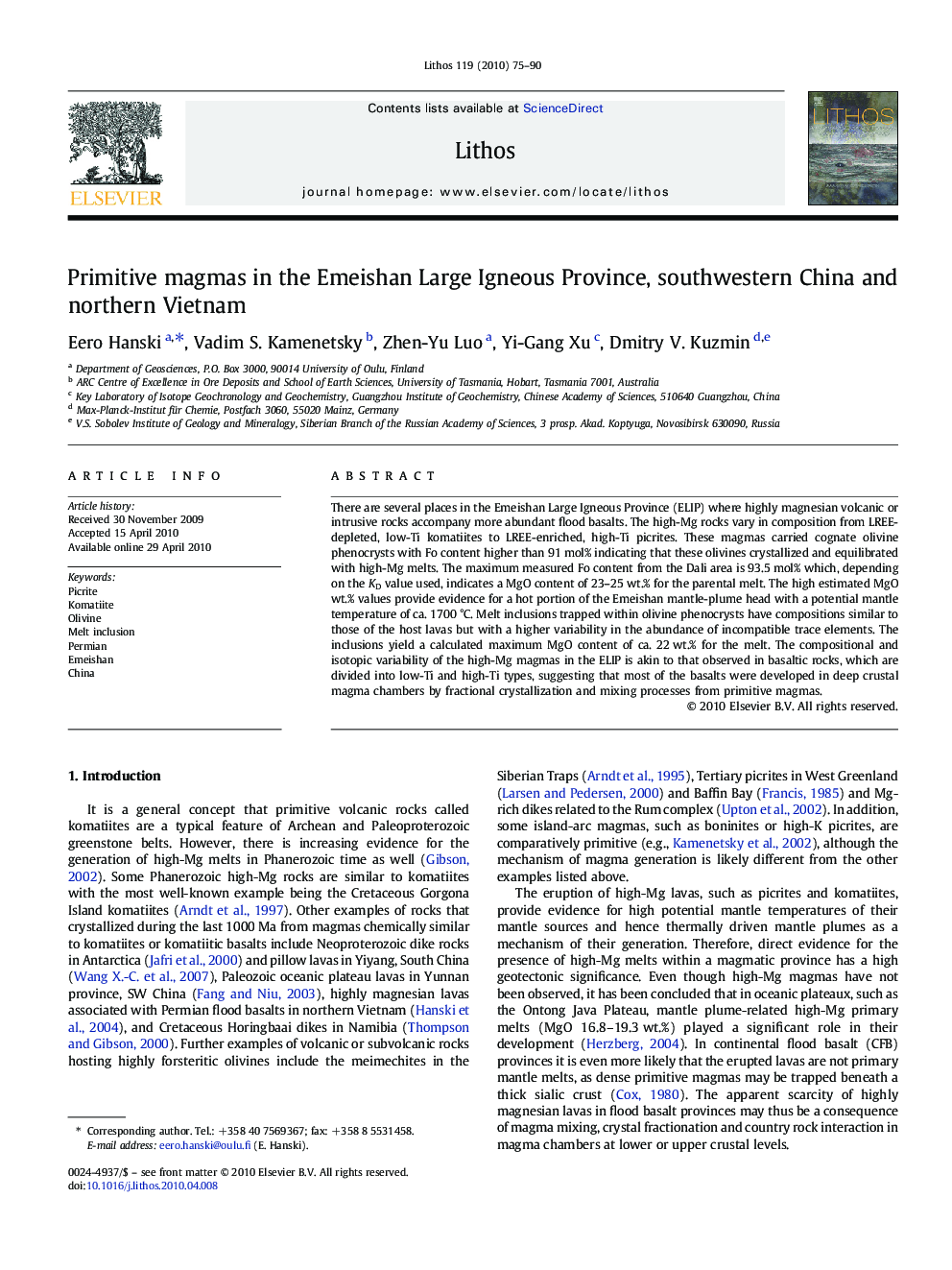 Primitive magmas in the Emeishan Large Igneous Province, southwestern China and northern Vietnam