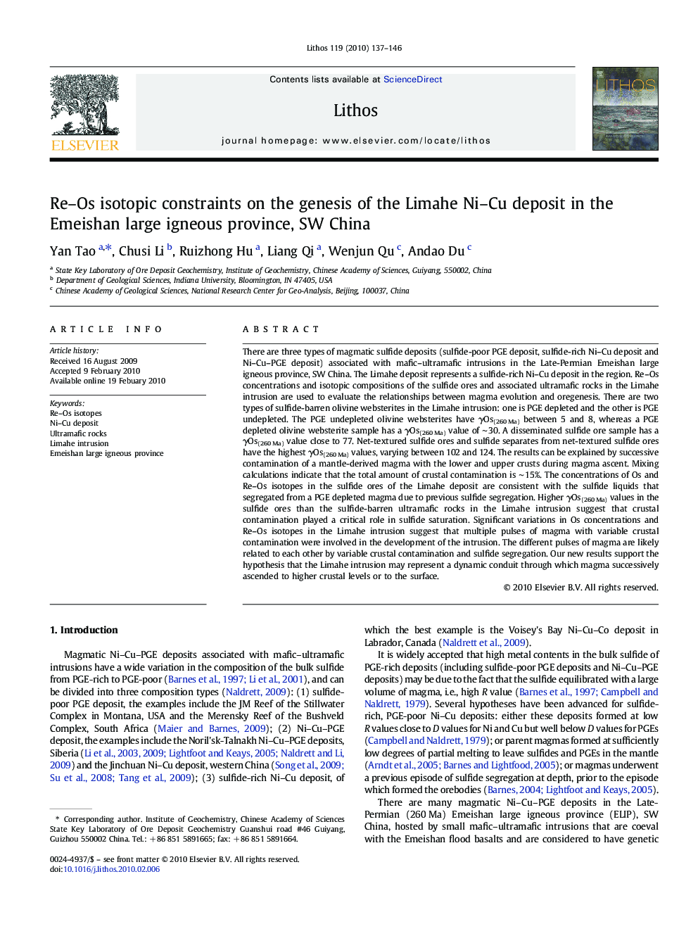 Re–Os isotopic constraints on the genesis of the Limahe Ni–Cu deposit in the Emeishan large igneous province, SW China