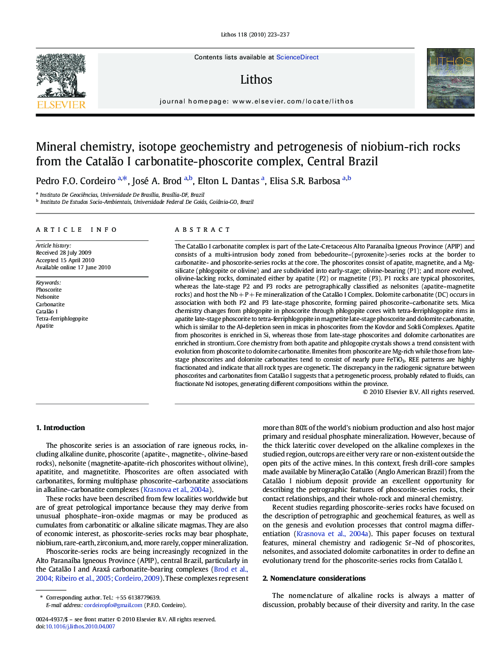 Mineral chemistry, isotope geochemistry and petrogenesis of niobium-rich rocks from the Catalão I carbonatite-phoscorite complex, Central Brazil