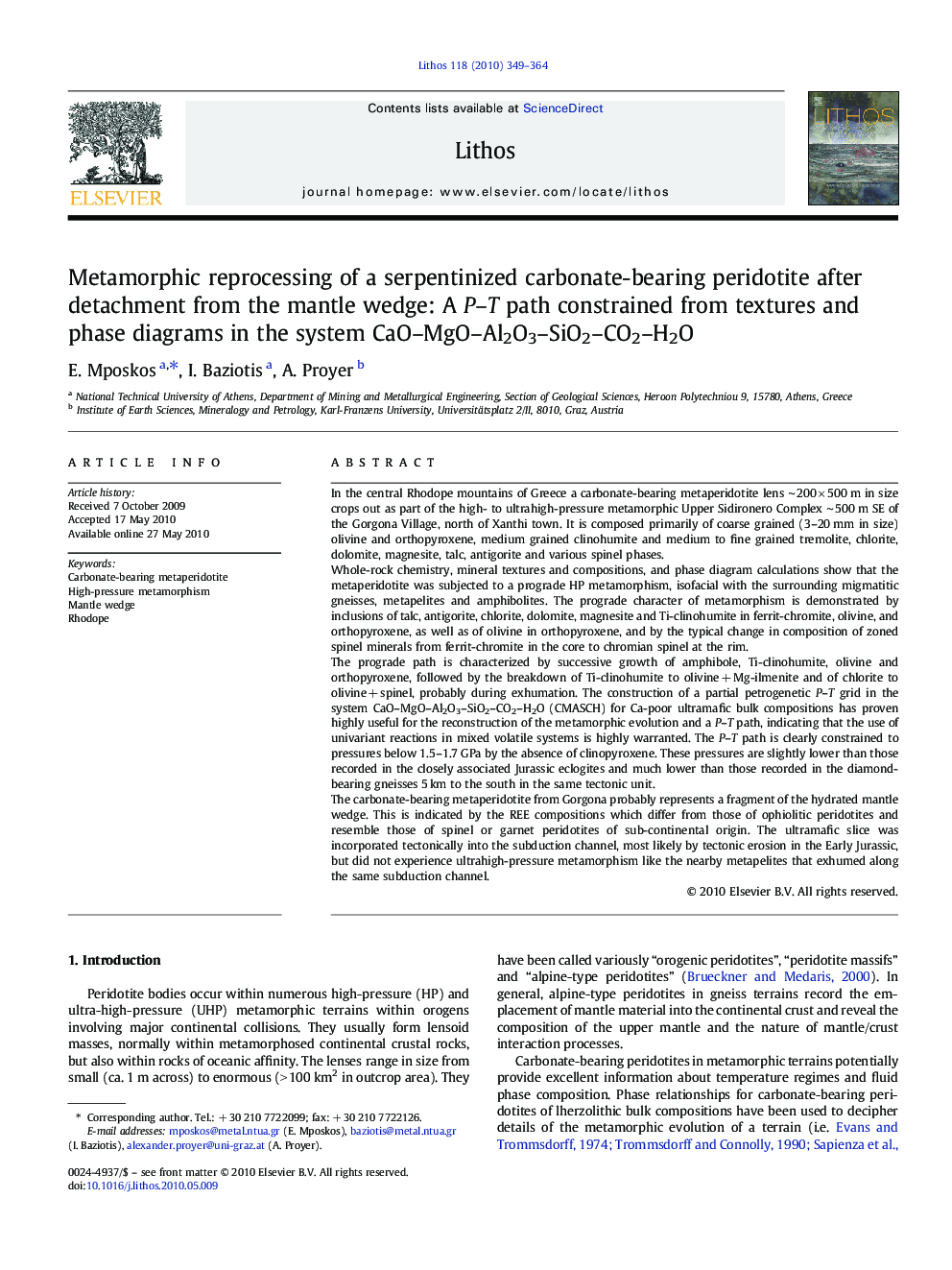 Metamorphic reprocessing of a serpentinized carbonate-bearing peridotite after detachment from the mantle wedge: A P-T path constrained from textures and phase diagrams in the system CaO-MgO-Al2O3-SiO2-CO2-H2O