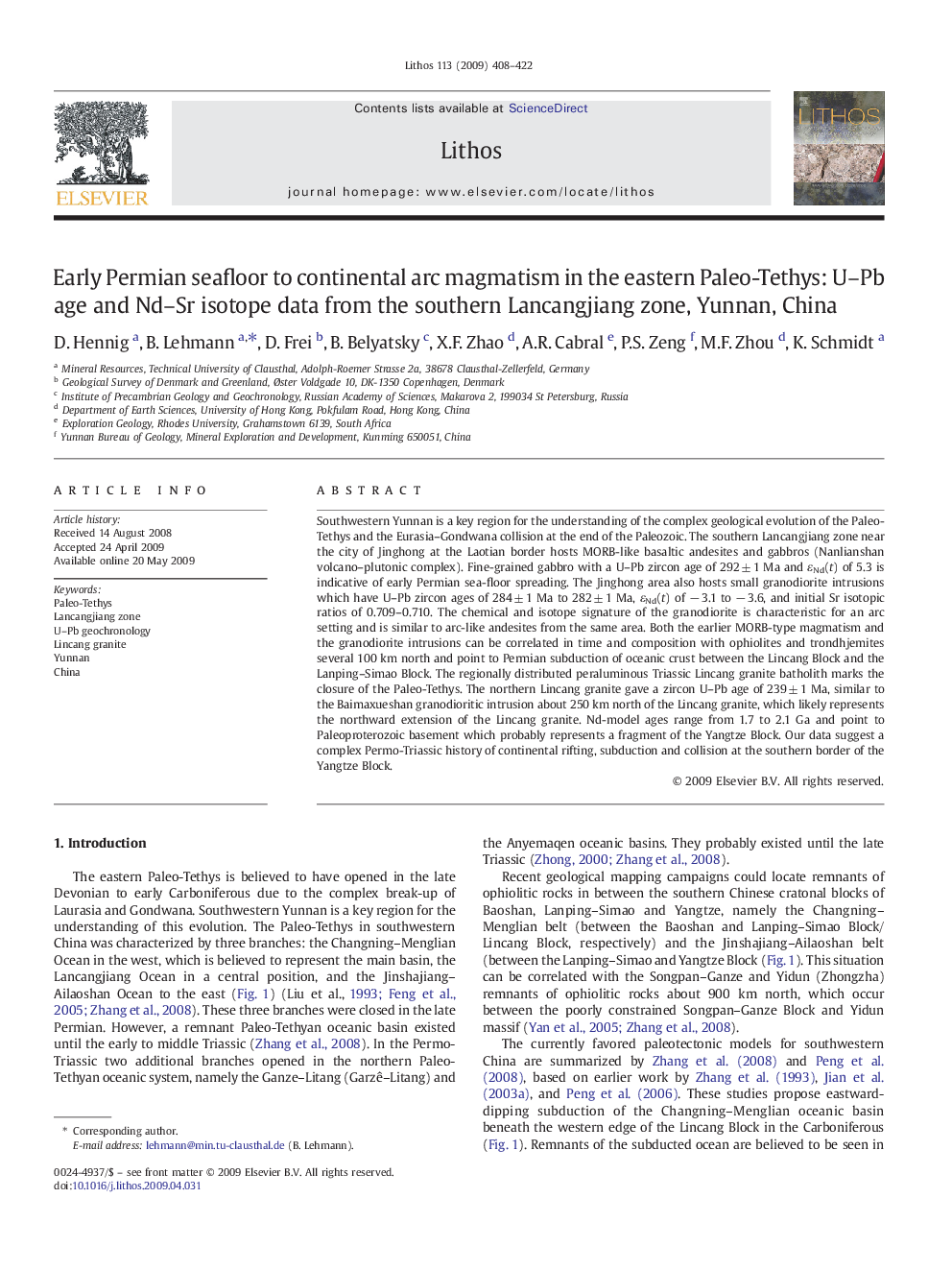 Early Permian seafloor to continental arc magmatism in the eastern Paleo-Tethys: U–Pb age and Nd–Sr isotope data from the southern Lancangjiang zone, Yunnan, China