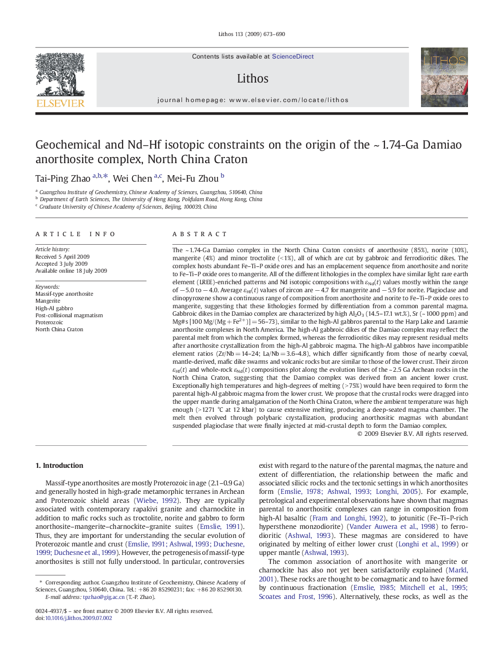 Geochemical and Nd-Hf isotopic constraints on the origin of the ~Â 1.74-Ga Damiao anorthosite complex, North China Craton