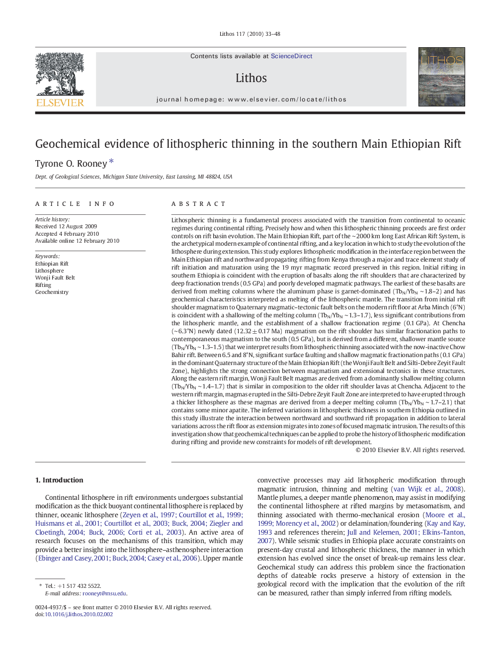 Geochemical evidence of lithospheric thinning in the southern Main Ethiopian Rift