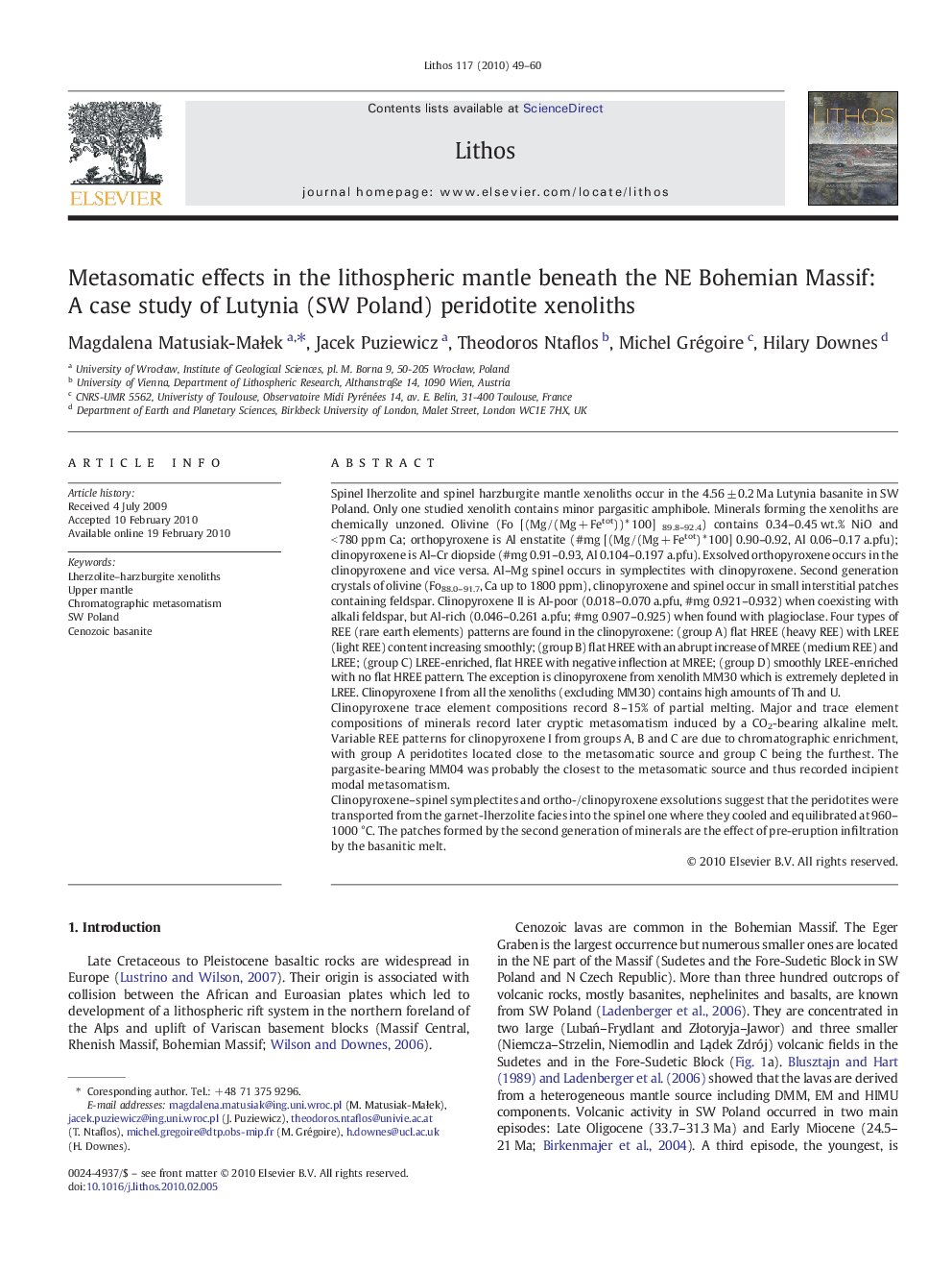 Metasomatic effects in the lithospheric mantle beneath the NE Bohemian Massif: A case study of Lutynia (SW Poland) peridotite xenoliths