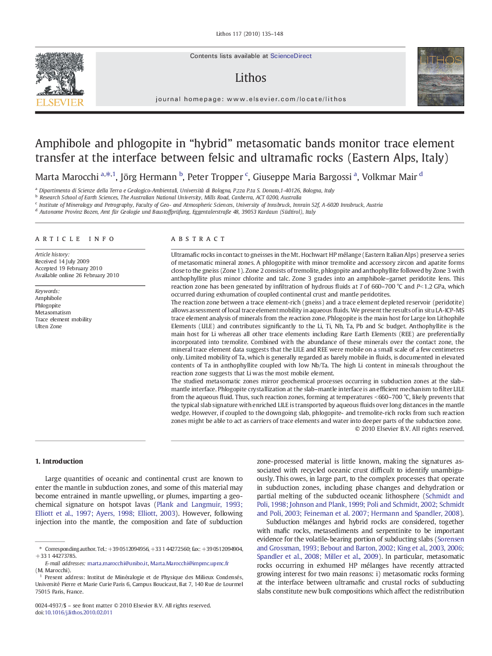 Amphibole and phlogopite in “hybrid” metasomatic bands monitor trace element transfer at the interface between felsic and ultramafic rocks (Eastern Alps, Italy)