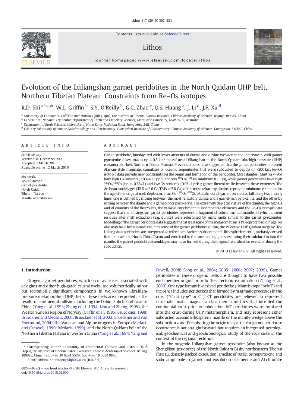 Evolution of the Lüliangshan garnet peridotites in the North Qaidam UHP belt, Northern Tibetan Plateau: Constraints from Re–Os isotopes