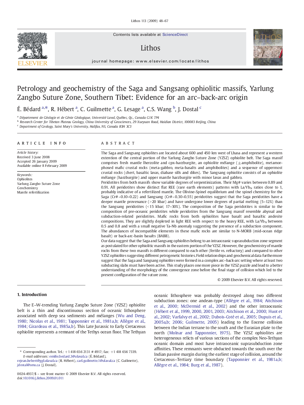 Petrology and geochemistry of the Saga and Sangsang ophiolitic massifs, Yarlung Zangbo Suture Zone, Southern Tibet: Evidence for an arc–back-arc origin