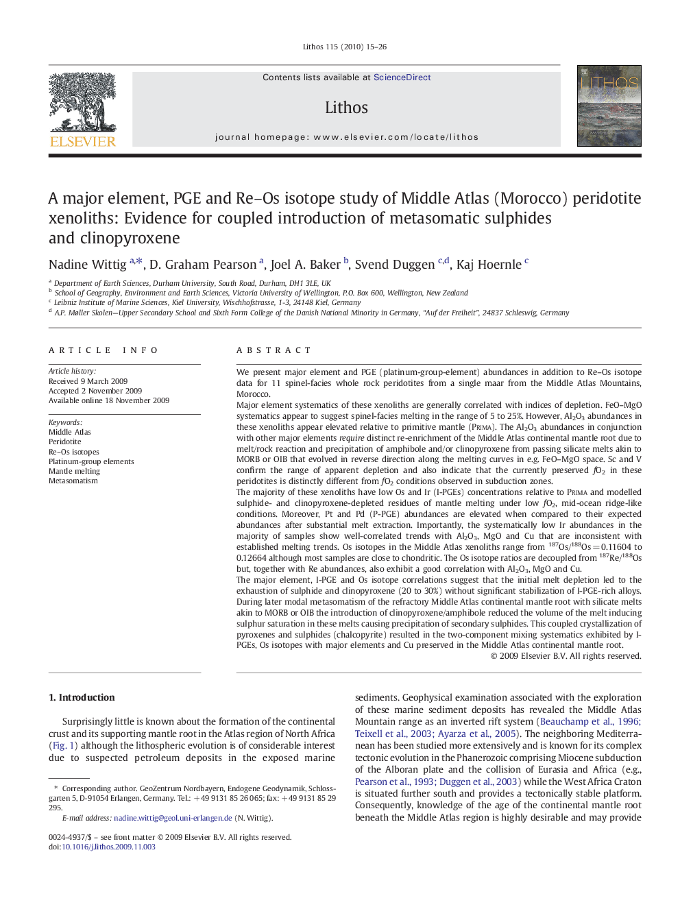 A major element, PGE and Re–Os isotope study of Middle Atlas (Morocco) peridotite xenoliths: Evidence for coupled introduction of metasomatic sulphides and clinopyroxene