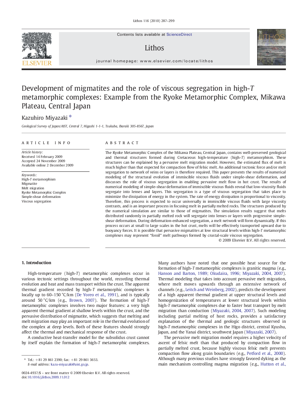 Development of migmatites and the role of viscous segregation in high-T metamorphic complexes: Example from the Ryoke Metamorphic Complex, Mikawa Plateau, Central Japan