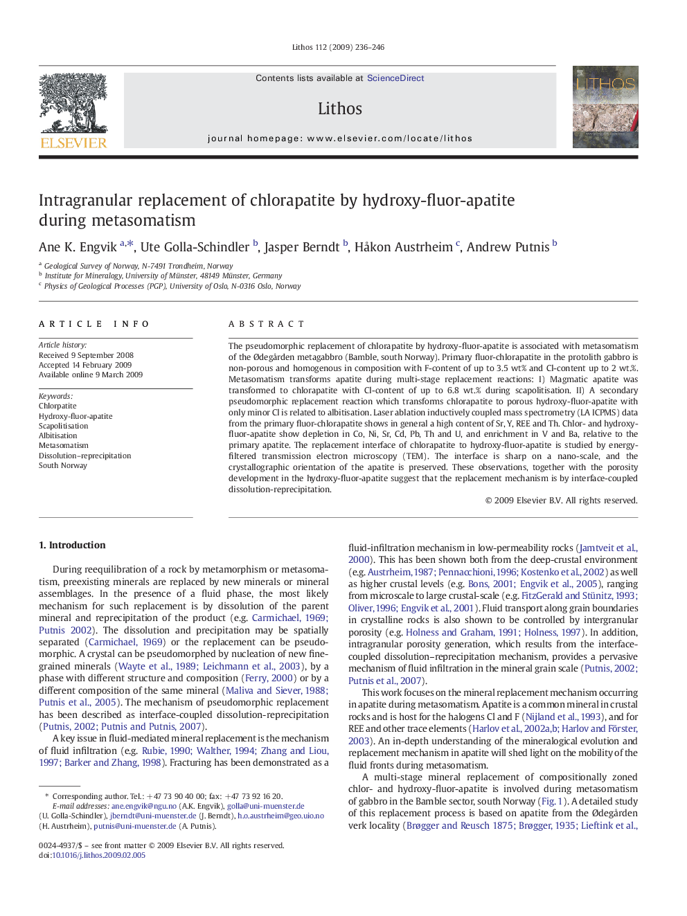 Intragranular replacement of chlorapatite by hydroxy-fluor-apatite during metasomatism