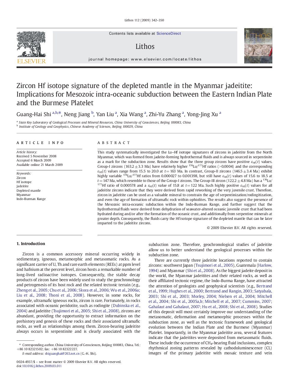 Zircon Hf isotope signature of the depleted mantle in the Myanmar jadeitite: Implications for Mesozoic intra-oceanic subduction between the Eastern Indian Plate and the Burmese Platelet