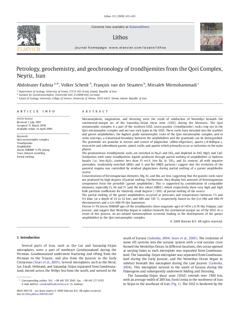 Petrology, geochemistry, and geochronology of trondhjemites from the Qori Complex, Neyriz, Iran