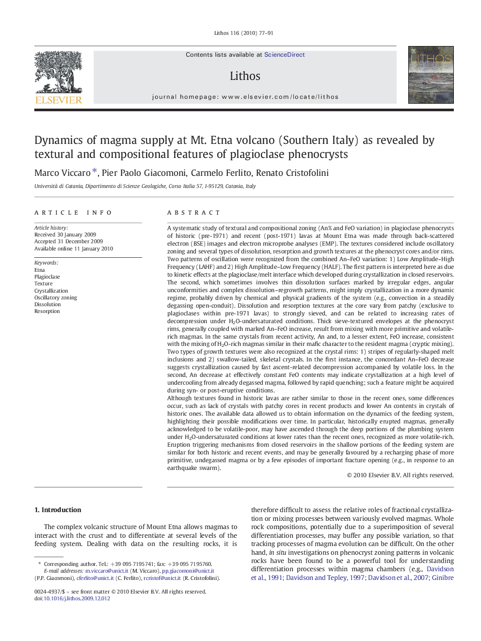 Dynamics of magma supply at Mt. Etna volcano (Southern Italy) as revealed by textural and compositional features of plagioclase phenocrysts