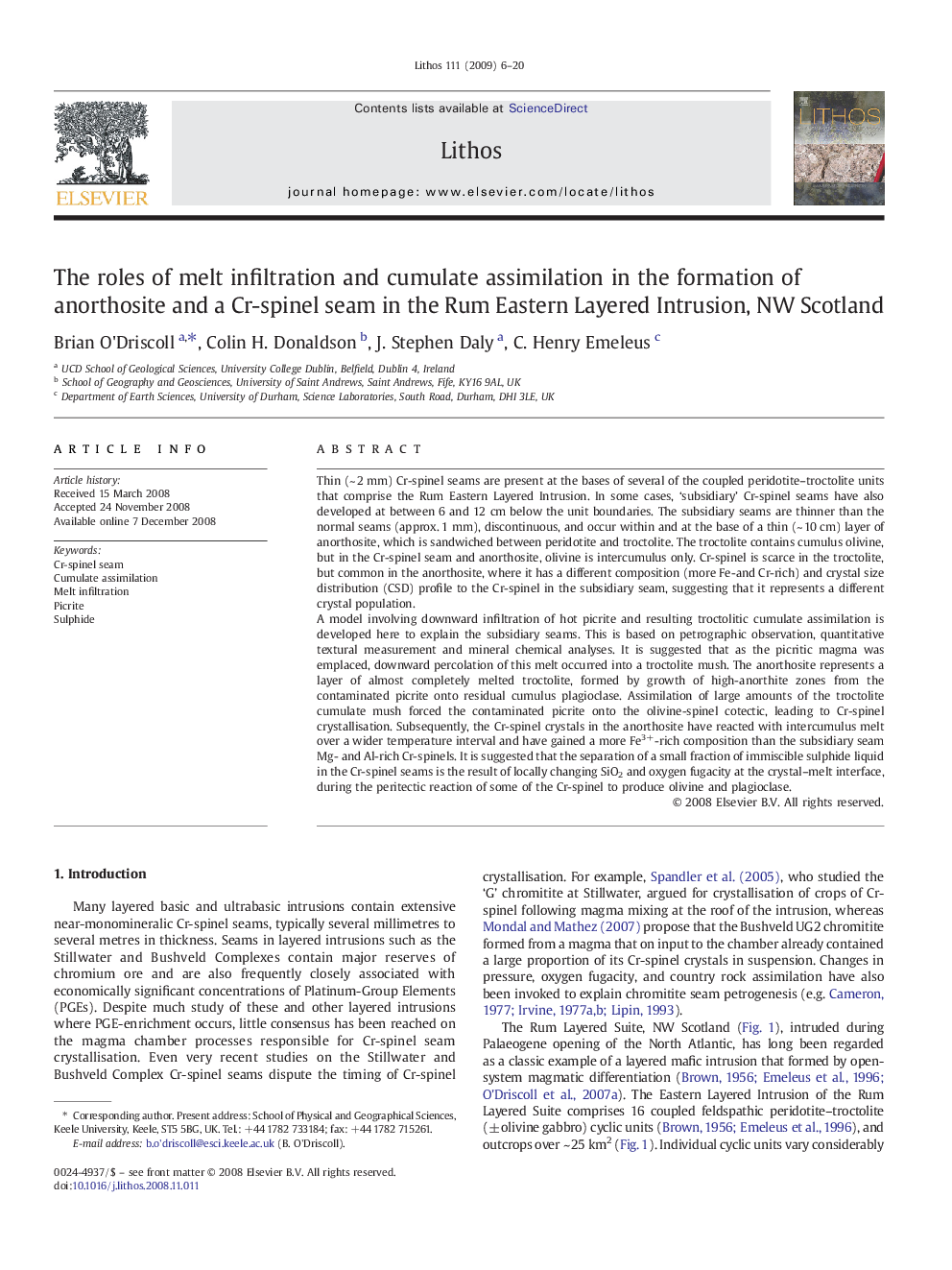 The roles of melt infiltration and cumulate assimilation in the formation of anorthosite and a Cr-spinel seam in the Rum Eastern Layered Intrusion, NW Scotland