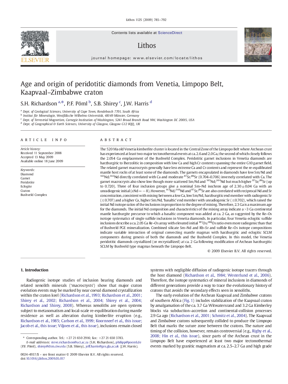 Age and origin of peridotitic diamonds from Venetia, Limpopo Belt, Kaapvaal–Zimbabwe craton