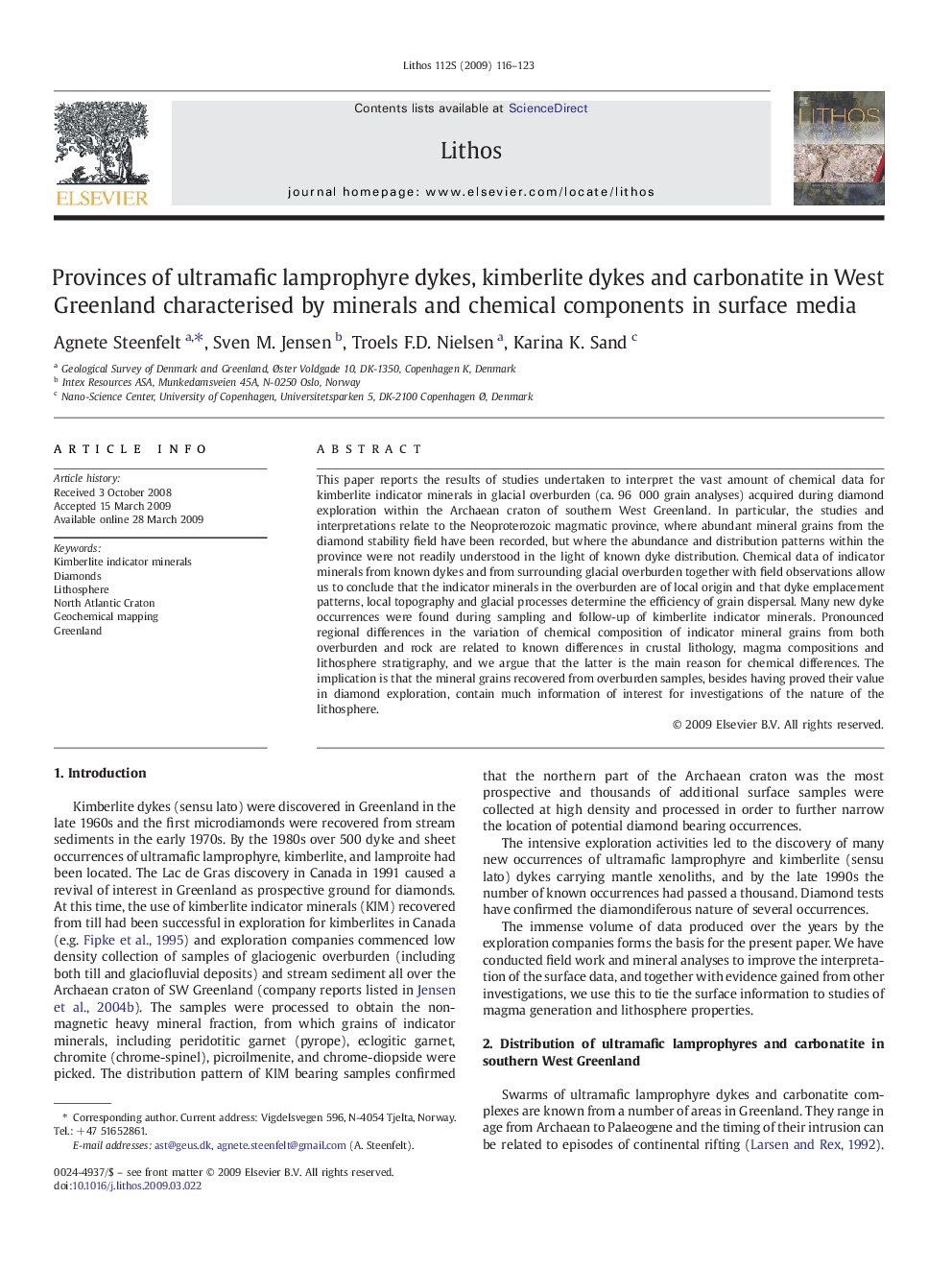 Provinces of ultramafic lamprophyre dykes, kimberlite dykes and carbonatite in West Greenland characterised by minerals and chemical components in surface media