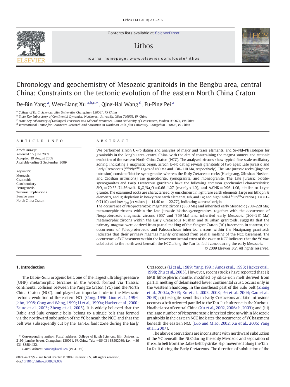 Chronology and geochemistry of Mesozoic granitoids in the Bengbu area, central China: Constraints on the tectonic evolution of the eastern North China Craton