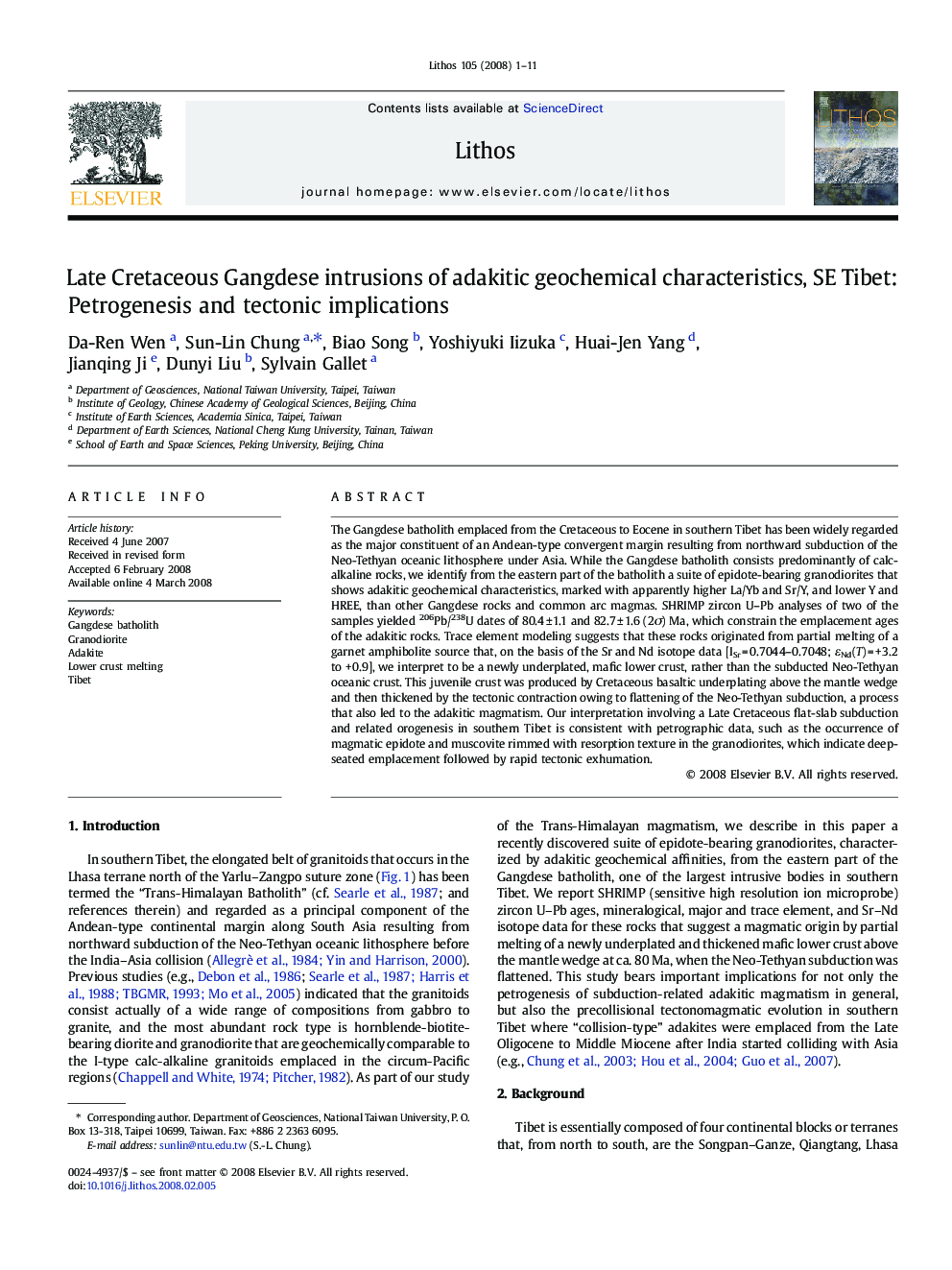 Late Cretaceous Gangdese intrusions of adakitic geochemical characteristics, SE Tibet: Petrogenesis and tectonic implications