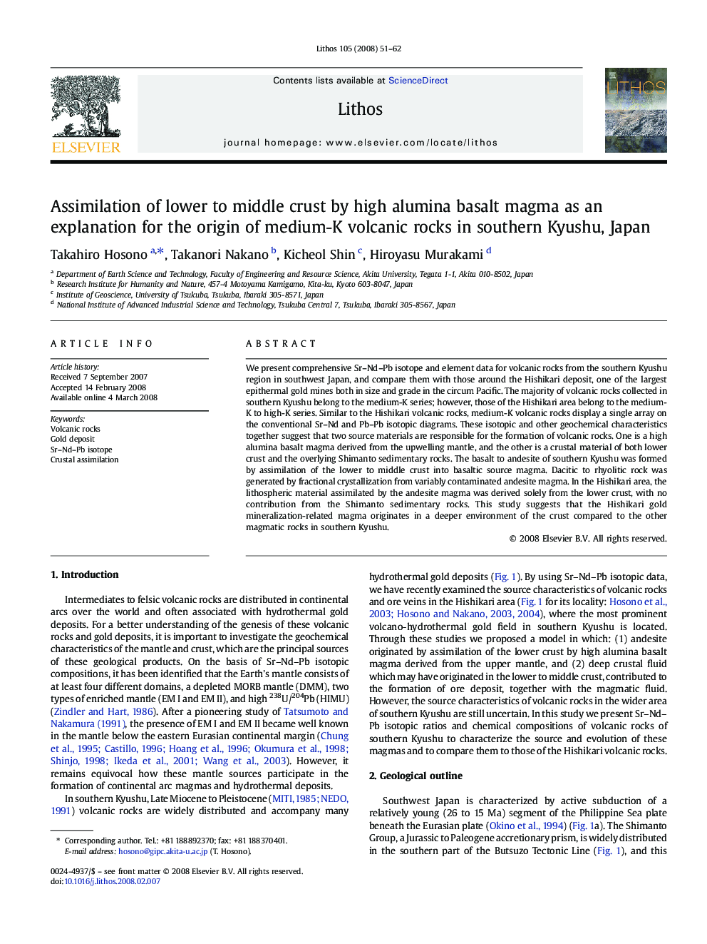 Assimilation of lower to middle crust by high alumina basalt magma as an explanation for the origin of medium-K volcanic rocks in southern Kyushu, Japan