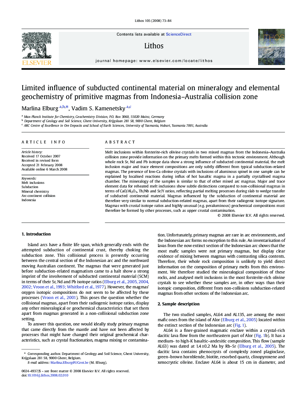 Limited influence of subducted continental material on mineralogy and elemental geochemistry of primitive magmas from Indonesia–Australia collision zone