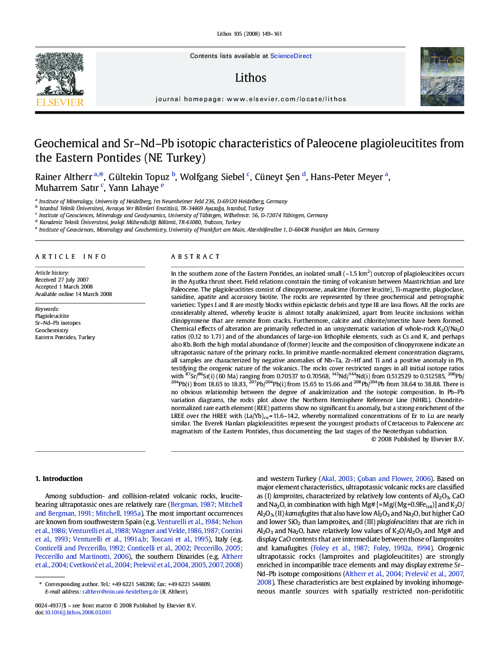 Geochemical and Sr–Nd–Pb isotopic characteristics of Paleocene plagioleucitites from the Eastern Pontides (NE Turkey)